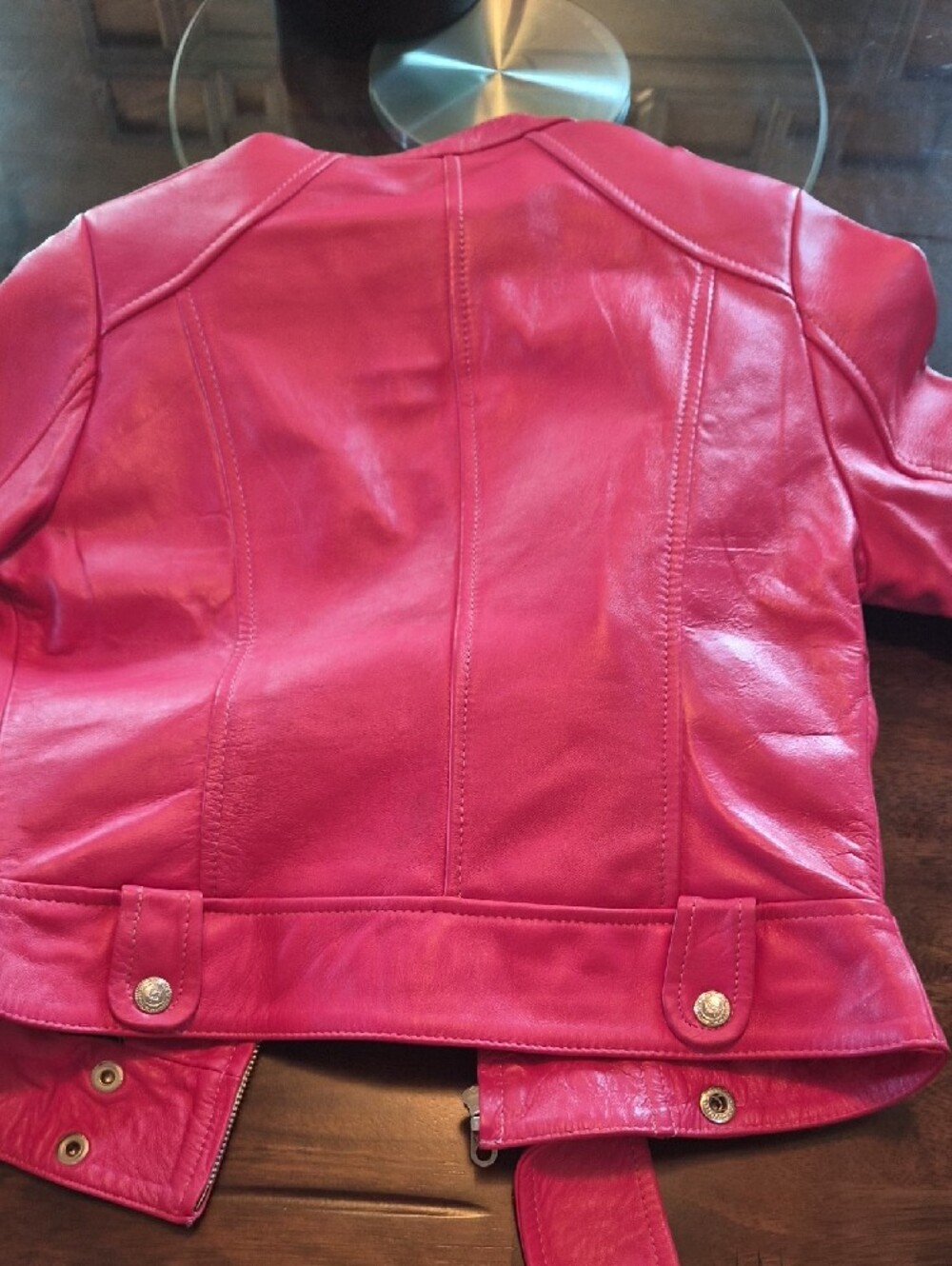 Women's Hot Pink Leather Moto Jacket - Picture 2 of 4